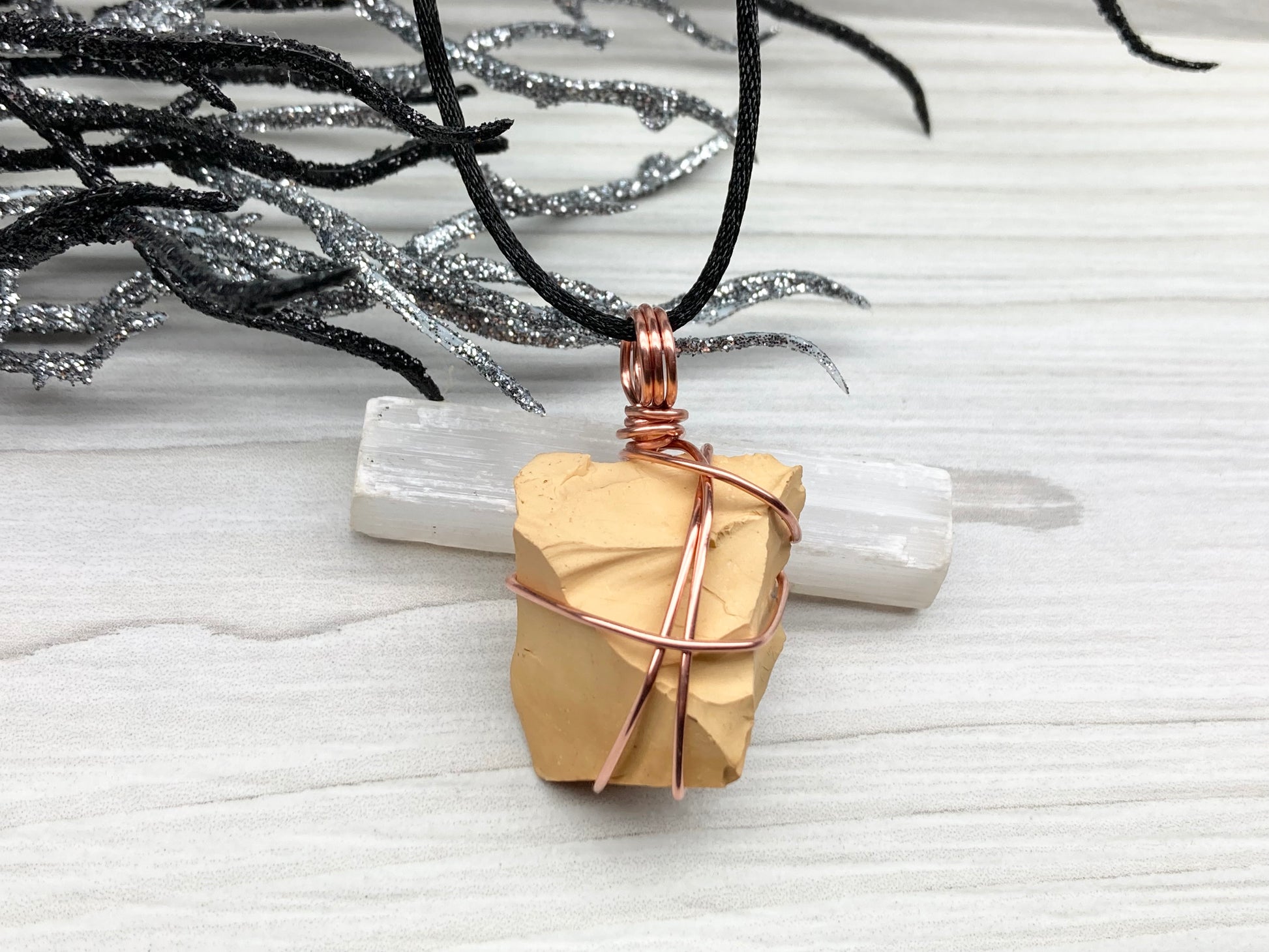 Natural Mookaite Jasper Necklace. Cream Colored Raw Mookaite Crystal Wrapped With Pure Copper Wire.  Comes On A Black Chain. Handmade Spiritual Gemstone Jewelry. Made In The USA.