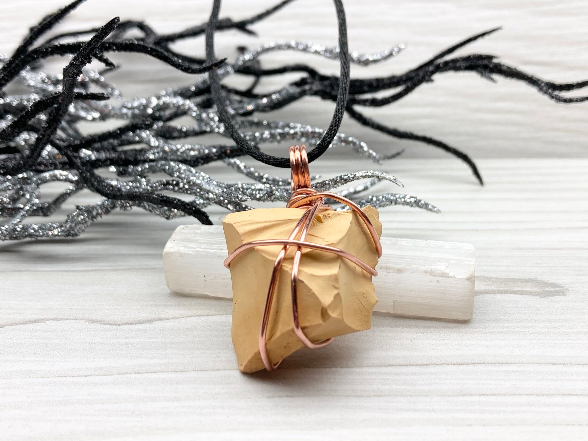 Natural Mookaite Jasper Necklace. Cream Colored Raw Mookaite Crystal Wrapped With Pure Copper Wire.  Comes On A Black Chain. Handmade Spiritual Gemstone Jewelry. Made In The USA.
