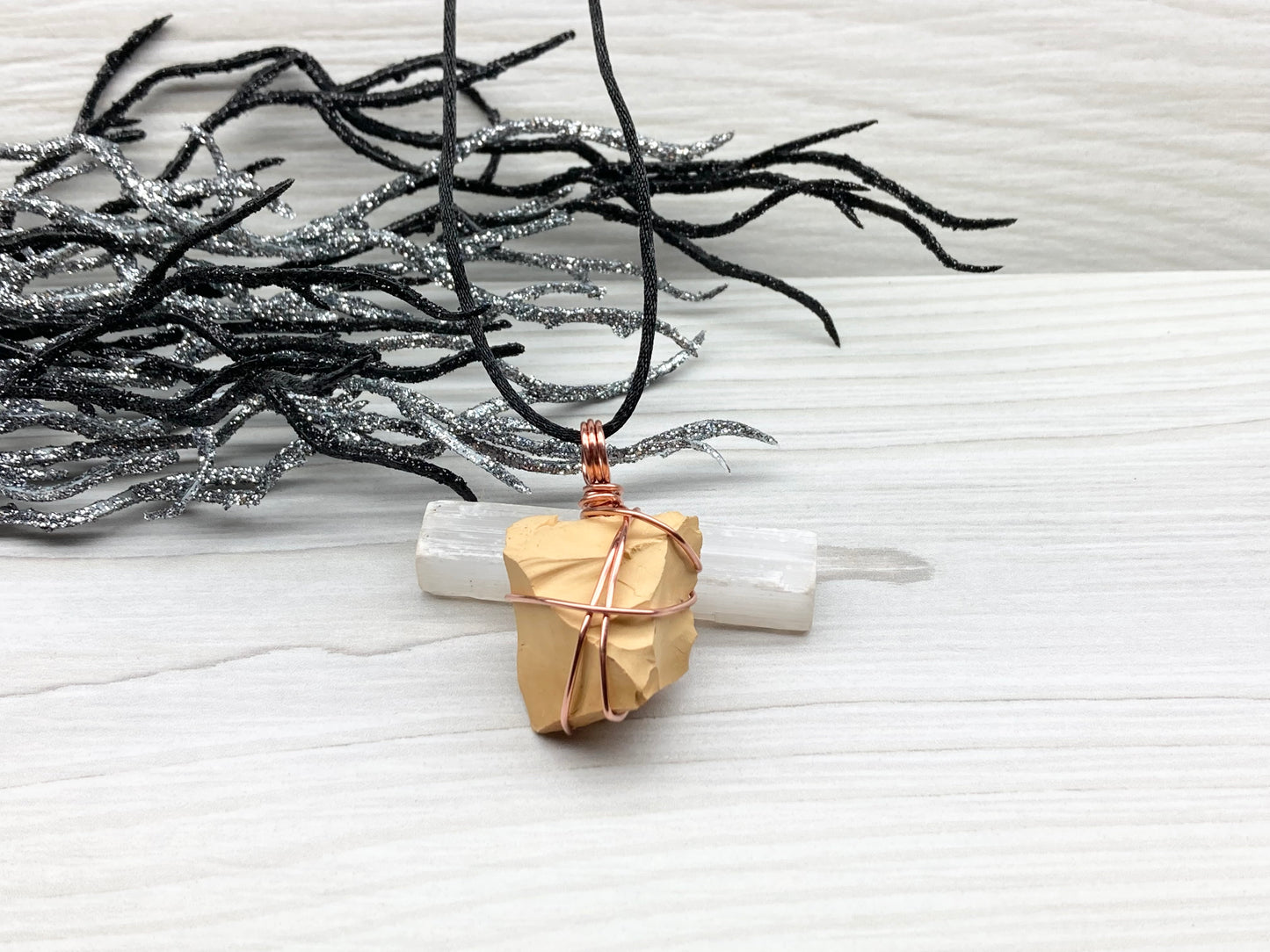 Natural Mookaite Jasper Necklace. Cream Colored Raw Mookaite Crystal Wrapped With Pure Copper Wire.  Comes On A Black Chain. Handmade Spiritual Gemstone Jewelry. Made In The USA.