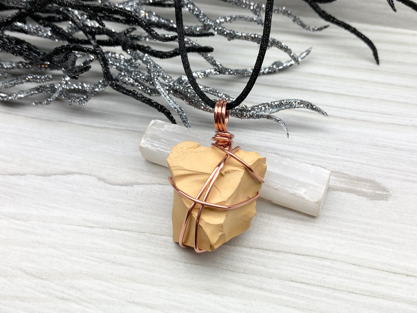 Natural Mookaite Jasper Necklace. Cream Colored Raw Mookaite Crystal Wrapped With Pure Copper Wire.  Comes On A Black Chain. Handmade Spiritual Gemstone Jewelry. Made In The USA.