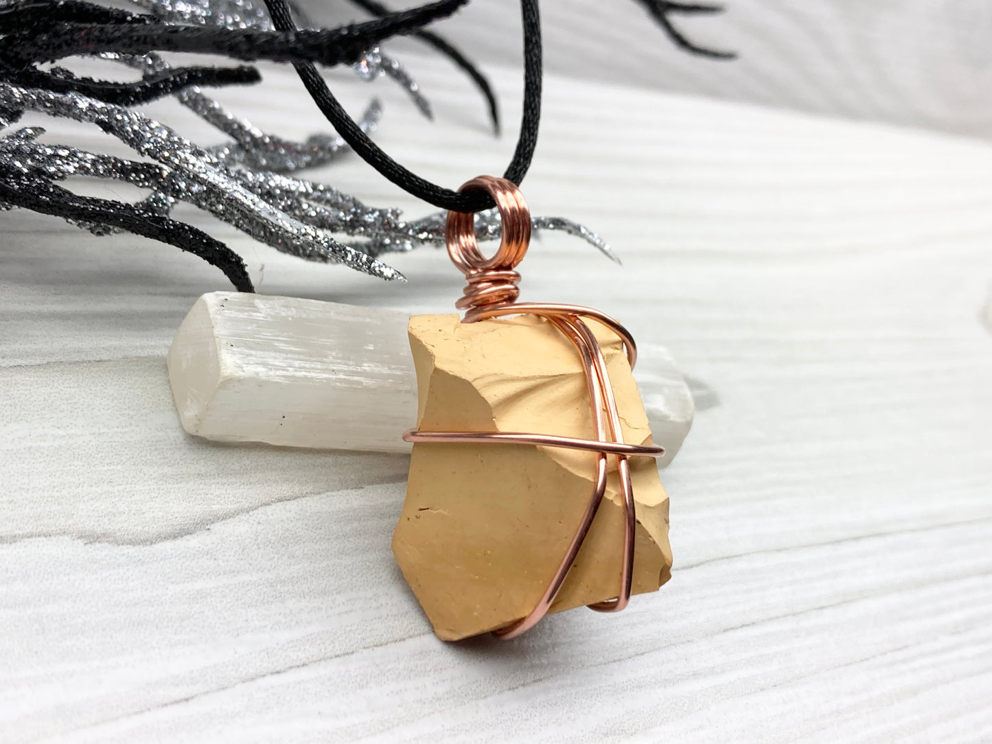 Natural Mookaite Jasper Necklace. Cream Colored Raw Mookaite Crystal Wrapped With Pure Copper Wire.  Comes On A Black Chain. Handmade Spiritual Gemstone Jewelry. Made In The USA.
