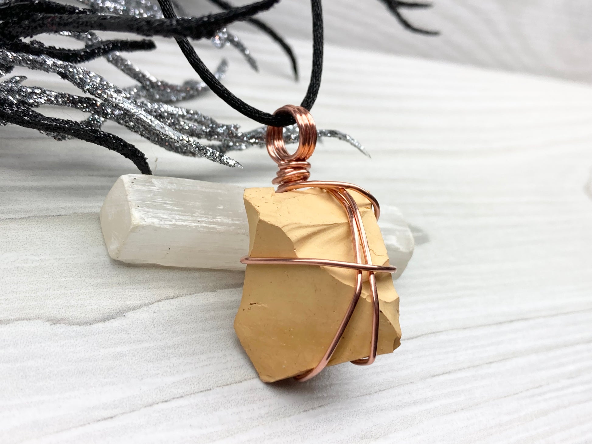 Natural Mookaite Jasper Necklace. Cream Colored Raw Mookaite Crystal Wrapped With Pure Copper Wire.  Comes On A Black Chain. Handmade Spiritual Gemstone Jewelry. Made In The USA.
