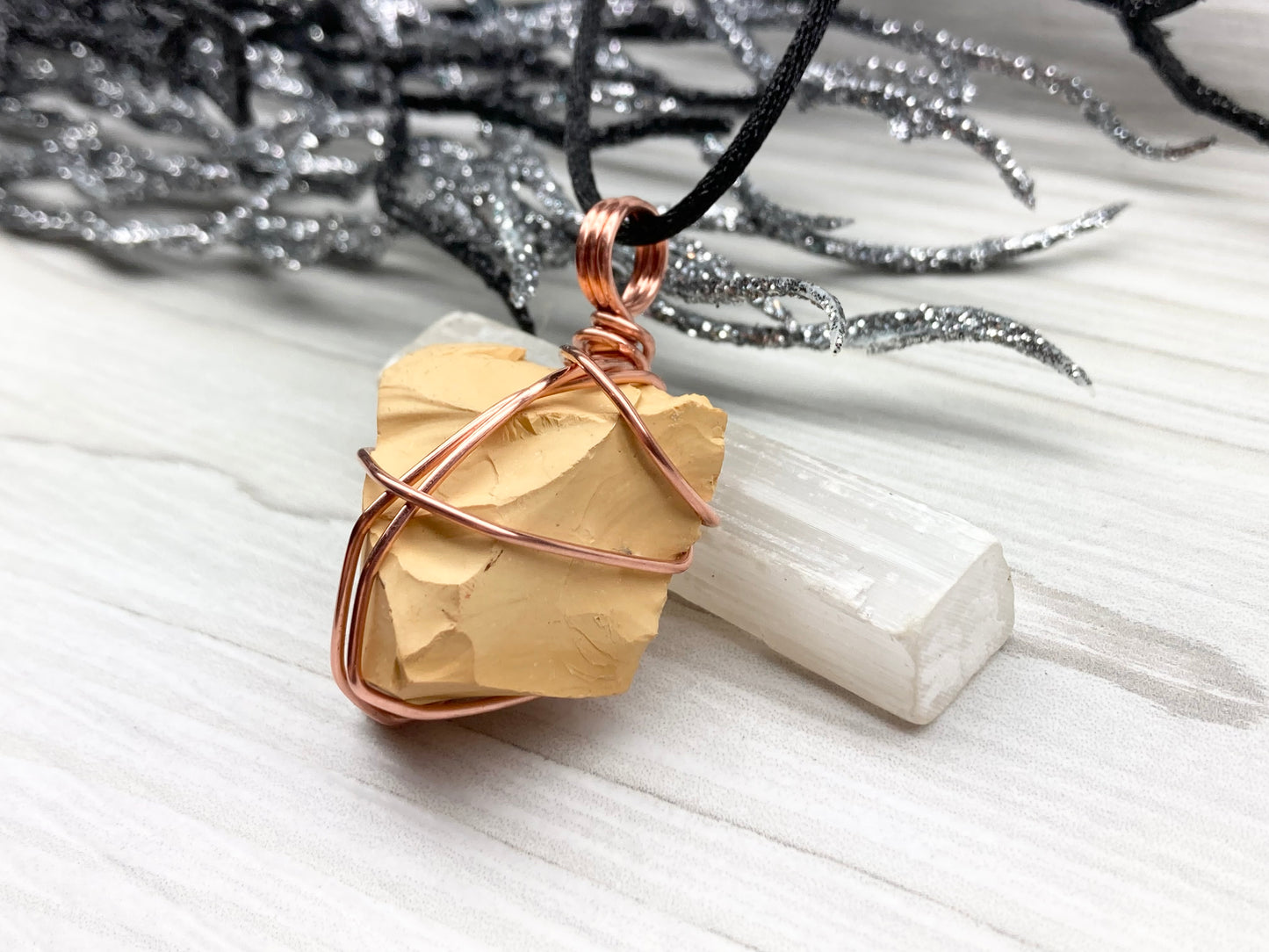 Natural Mookaite Jasper Necklace. Cream Colored Raw Mookaite Crystal Wrapped With Pure Copper Wire.  Comes On A Black Chain. Handmade Spiritual Gemstone Jewelry. Made In The USA.