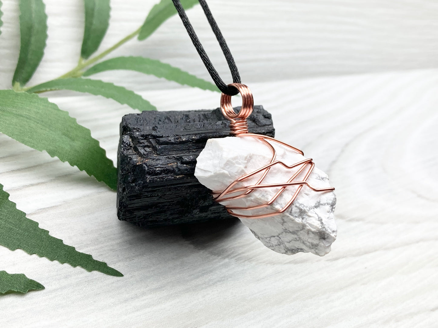 Raw Howlite Necklace. Raw White Crystal With Gray Marble Wrapped With Pure Copper Wire. Comes On A Black Chain. Metaphysical Jewelry For Him or Her. Gemini Zodiac Gift.