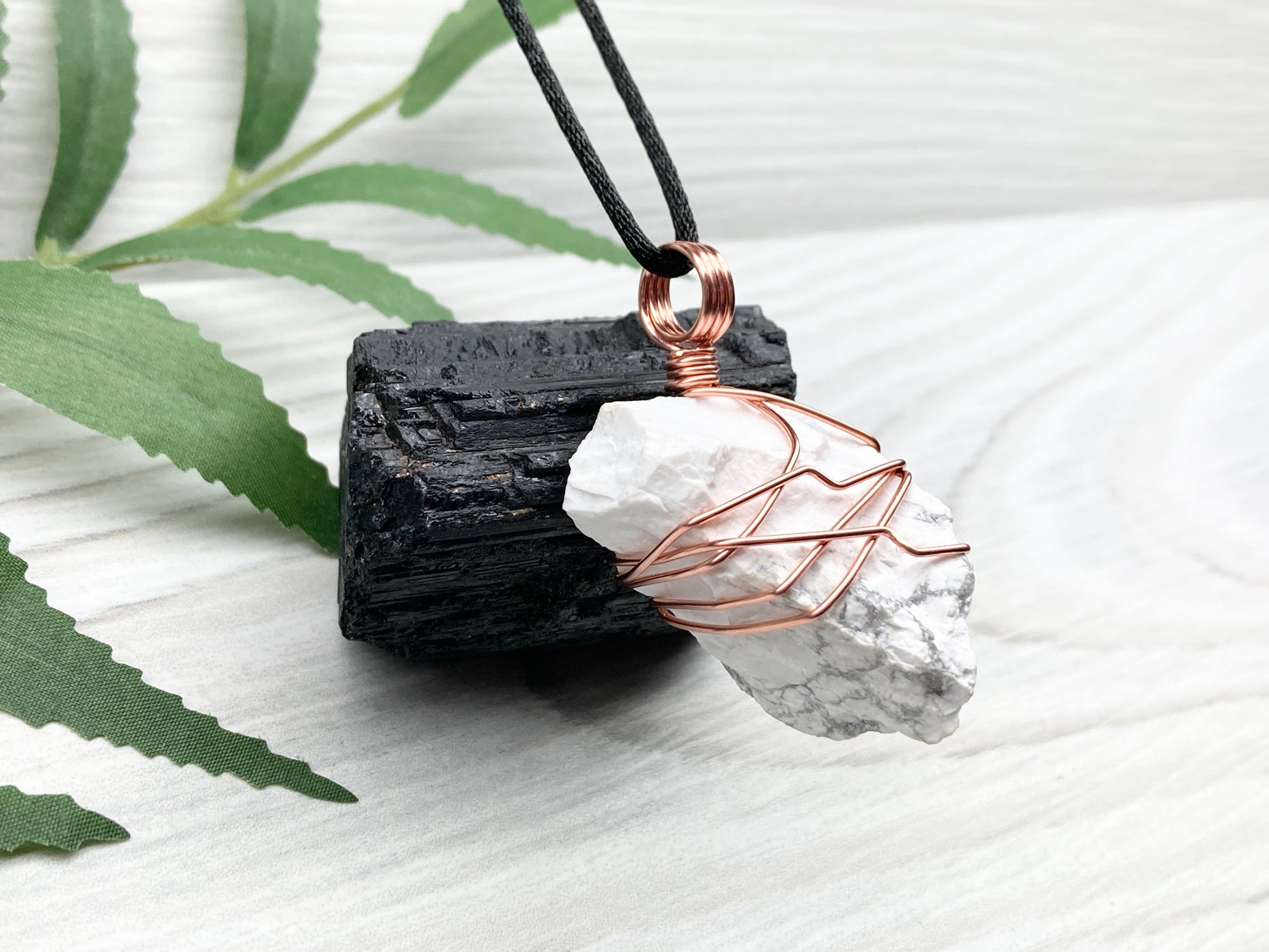 Raw Howlite Necklace. Raw White Crystal With Gray Marble Wrapped With Pure Copper Wire. Comes On A Black Chain. Metaphysical Jewelry For Him or Her. Gemini Zodiac Gift.
