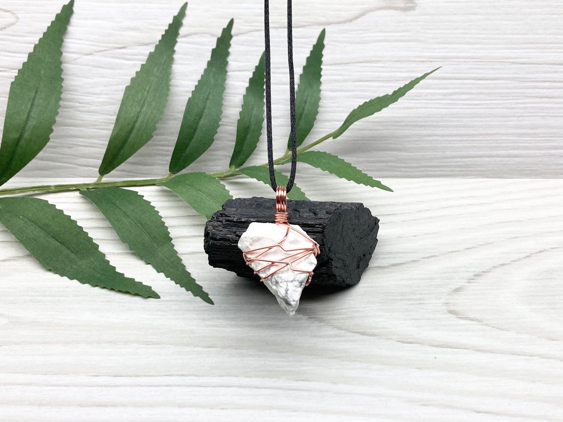 Raw Howlite Necklace. Raw White Crystal With Gray Marble Wrapped With Pure Copper Wire. Comes On A Black Chain. Metaphysical Jewelry For Him or Her. Gemini Zodiac Gift.