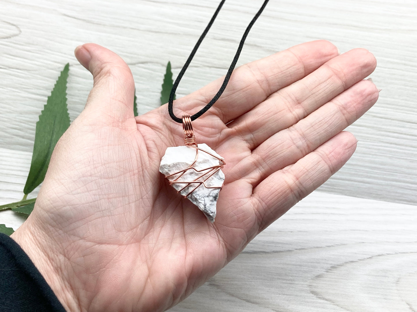 Raw Howlite Necklace. Raw White Crystal With Gray Marble Wrapped With Pure Copper Wire. Comes On A Black Chain. Metaphysical Jewelry For Him or Her. Gemini Zodiac Gift.