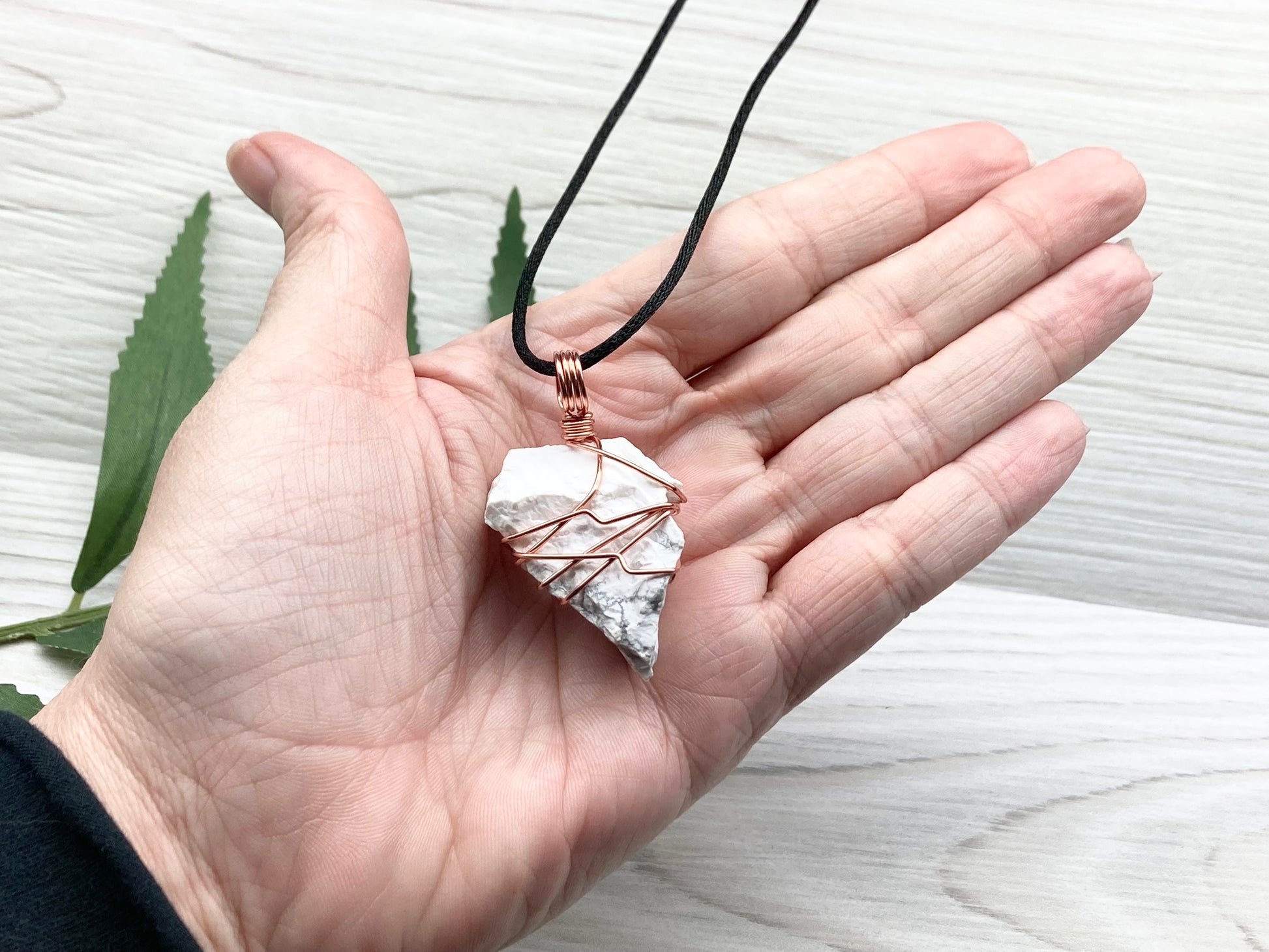 Raw Howlite Necklace. Raw White Crystal With Gray Marble Wrapped With Pure Copper Wire. Comes On A Black Chain. Metaphysical Jewelry For Him or Her. Gemini Zodiac Gift.