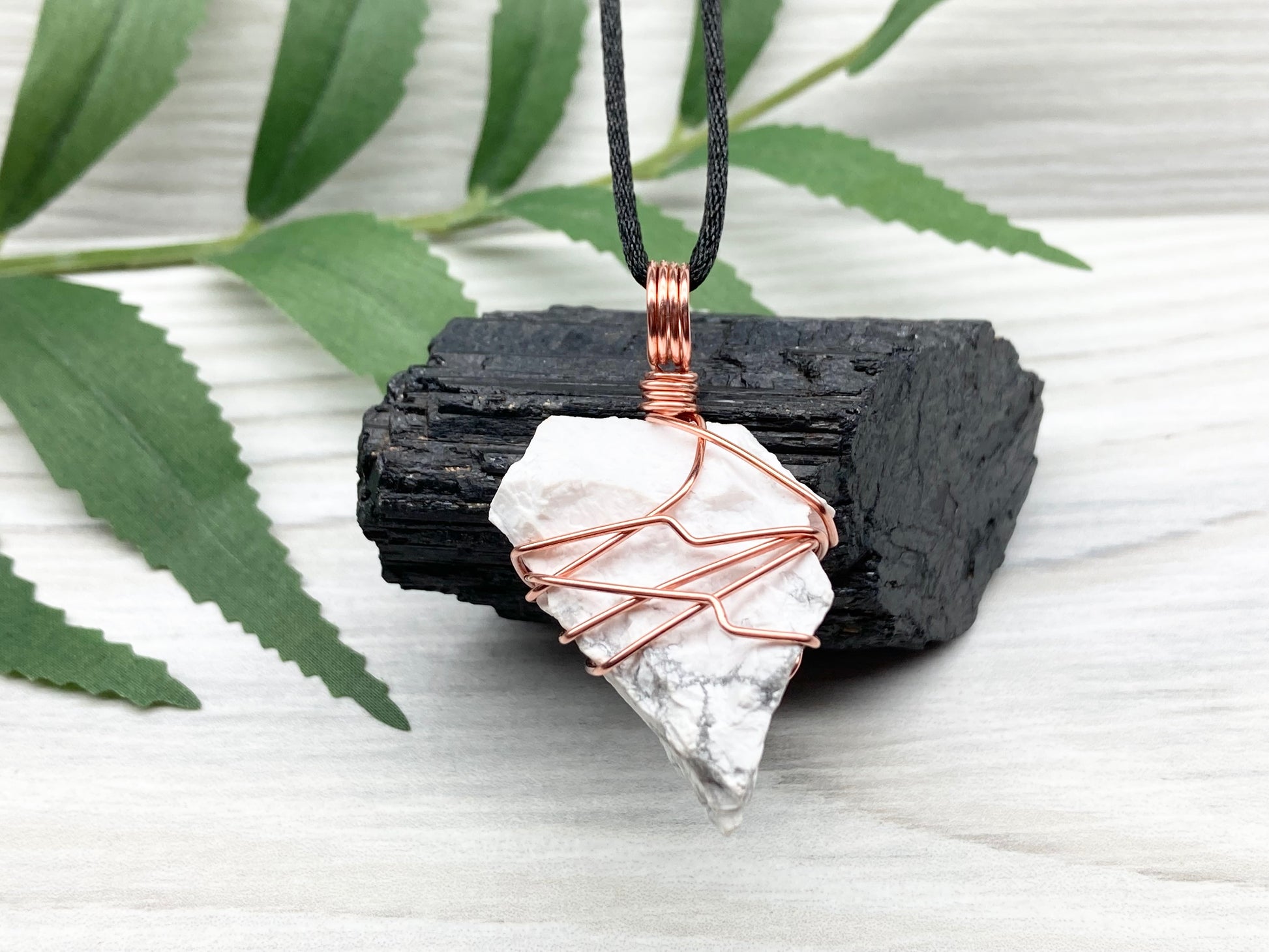 Raw Howlite Necklace. Raw White Crystal With Gray Marble Wrapped With Pure Copper Wire. Comes On A Black Chain. Metaphysical Jewelry For Him or Her. Gemini Zodiac Gift.