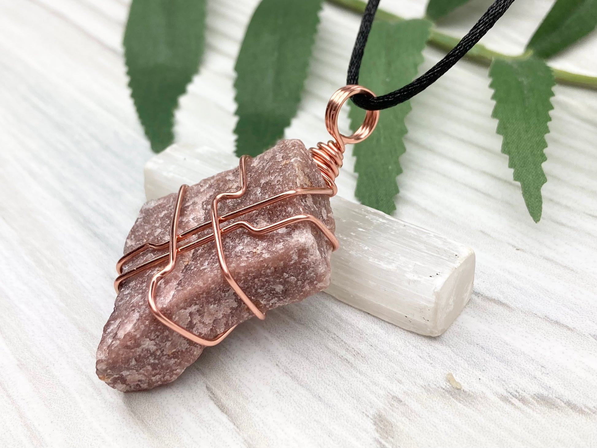 Raw Guava Quartz Necklace. Guava Quartz Crystal Wrapped With Tarnish Resistant Copper Wire. Reddish Brown Stone Pendant. Comes On A Black Chain. Aquarius Zodiac Crystal. Spiritual New Age Jewelry.