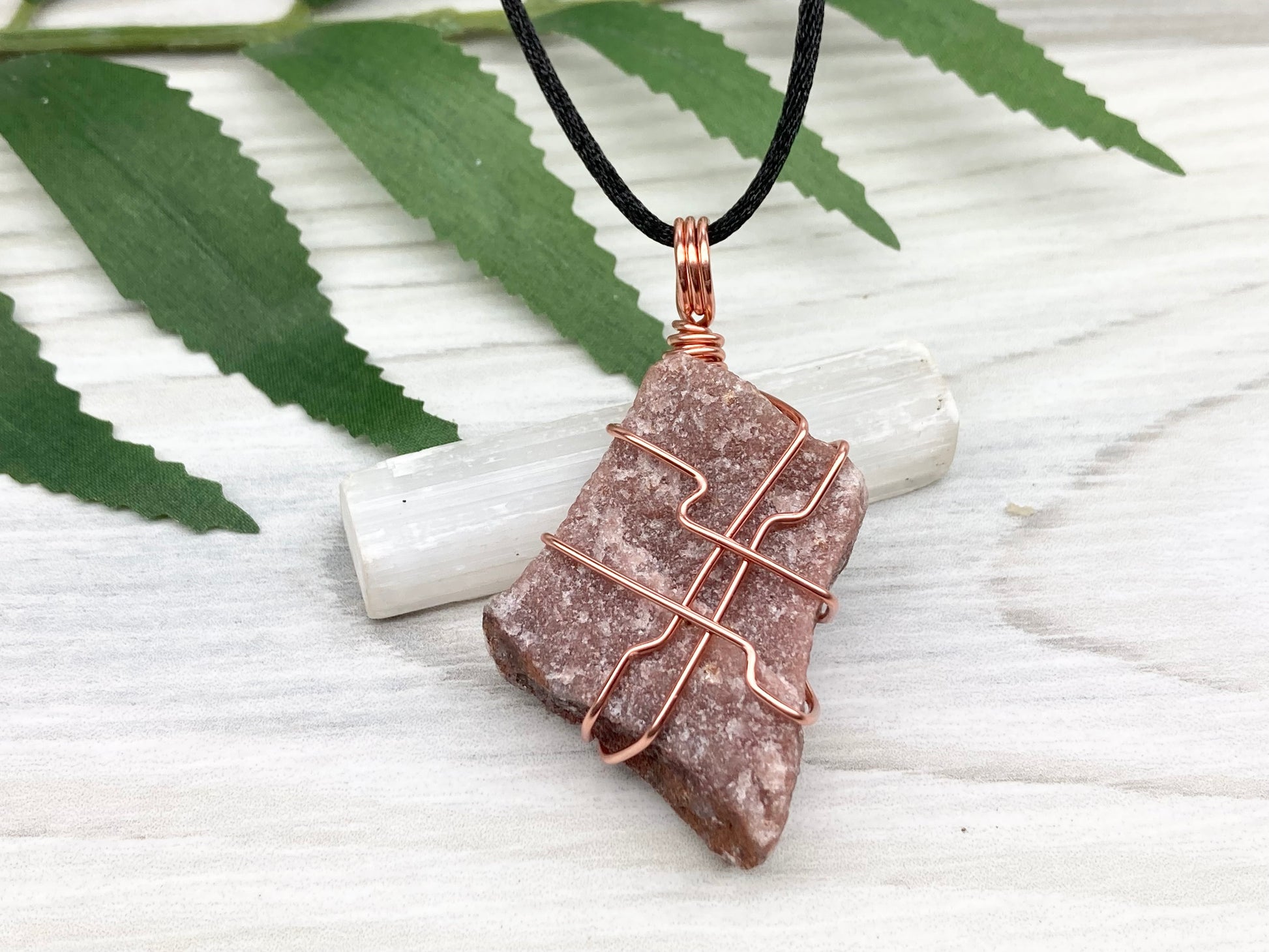 Raw Guava Quartz Necklace. Guava Quartz Crystal Wrapped With Tarnish Resistant Copper Wire. Reddish Brown Stone Pendant. Comes On A Black Chain. Aquarius Zodiac Crystal. Spiritual New Age Jewelry.