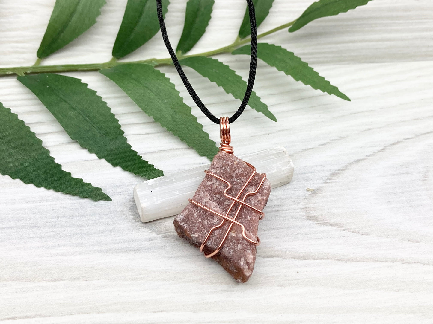 Raw Guava Quartz Necklace. Guava Quartz Crystal Wrapped With Tarnish Resistant Copper Wire. Reddish Brown Stone Pendant. Comes On A Black Chain. Aquarius Zodiac Crystal. Spiritual New Age Jewelry.