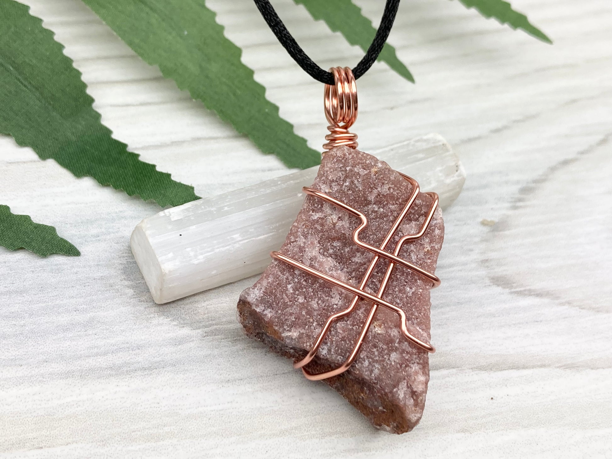 Raw Guava Quartz Necklace. Guava Quartz Crystal Wrapped With Tarnish Resistant Copper Wire. Reddish Brown Stone Pendant. Comes On A Black Chain. Aquarius Zodiac Crystal. Spiritual New Age Jewelry.