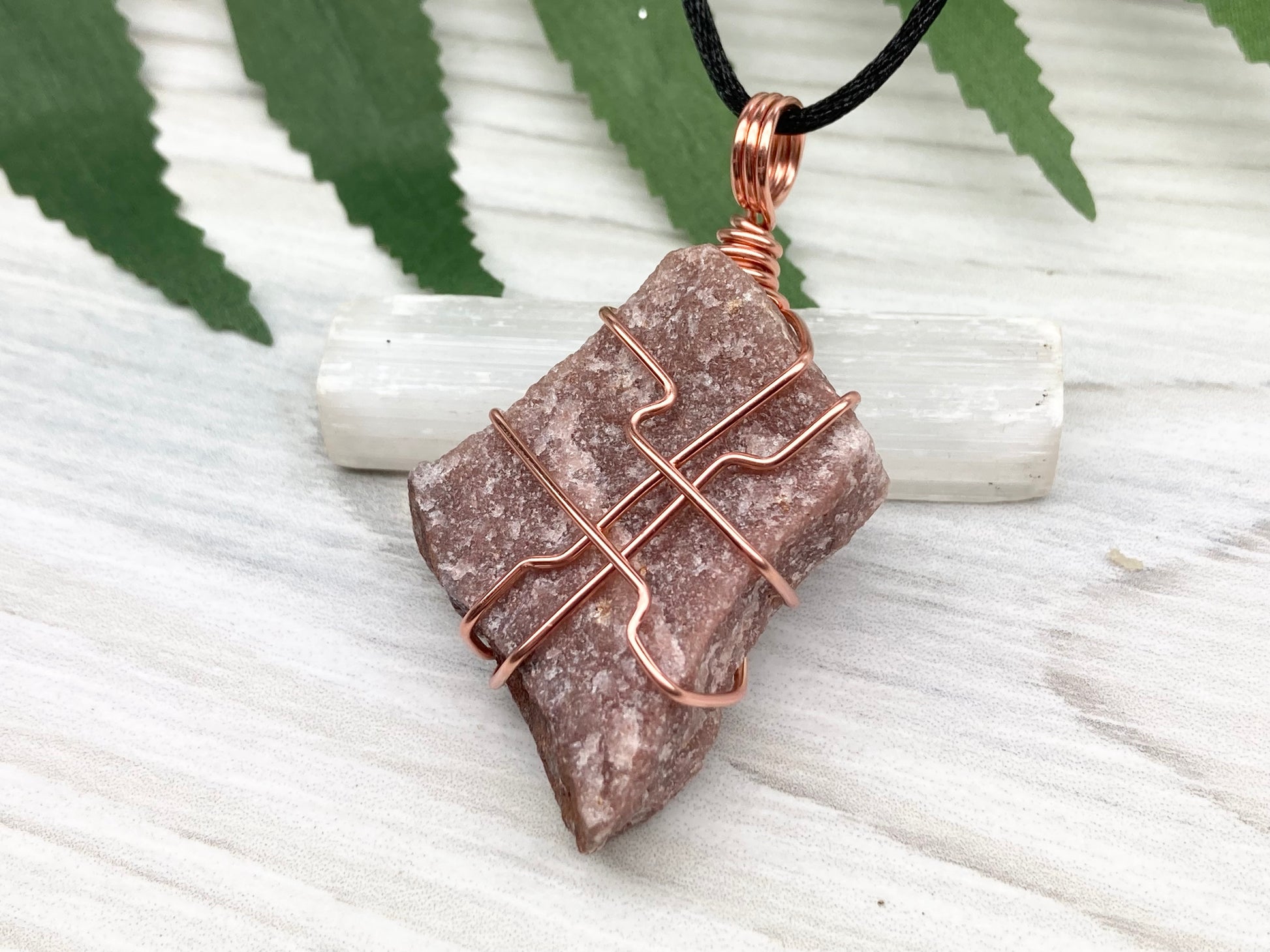 Raw Guava Quartz Necklace. Guava Quartz Crystal Wrapped With Tarnish Resistant Copper Wire. Reddish Brown Stone Pendant. Comes On A Black Chain. Aquarius Zodiac Crystal. Spiritual New Age Jewelry.