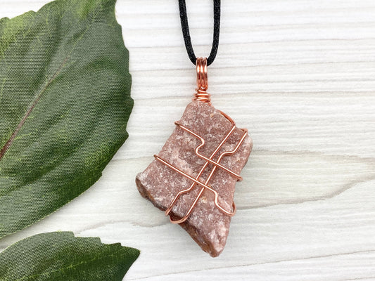 Raw Guava Quartz Necklace. Guava Quartz Crystal Wrapped With Tarnish Resistant Copper Wire. Reddish Brown Stone Pendant. Comes On A Black Chain. Aquarius Zodiac Crystal. Spiritual New Age Jewelry.