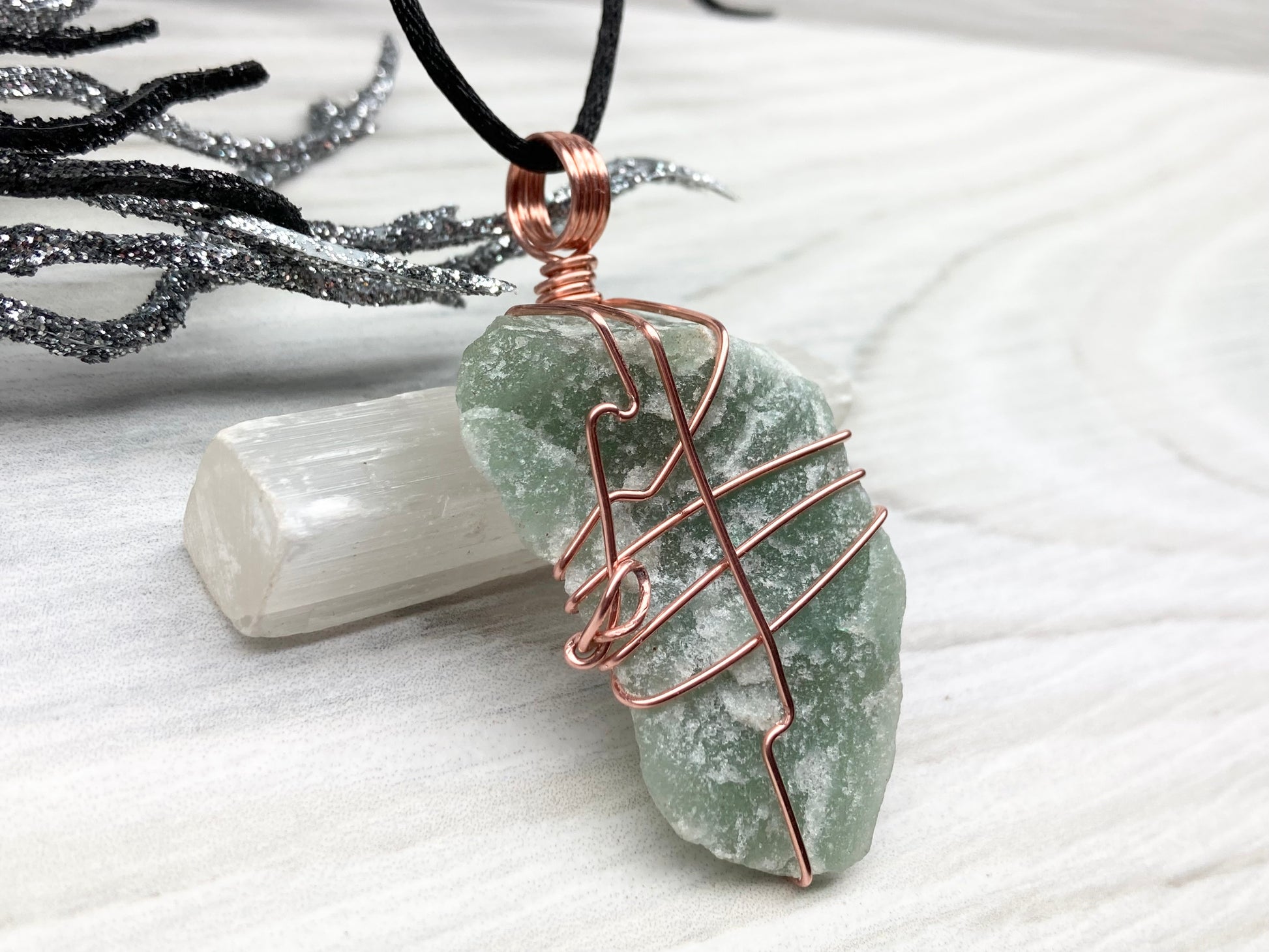Green Quartz Necklace. Raw Green Crystal Wrapped With Pure Copper Wire. Comes On A Black Chain. Unique Style Handmade Jewelry.