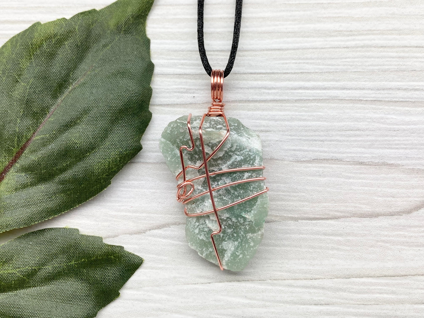 Green Quartz Necklace. Raw Green Crystal Wrapped With Pure Copper Wire. Comes On A Black Chain. Unique Style Handmade Jewelry.
