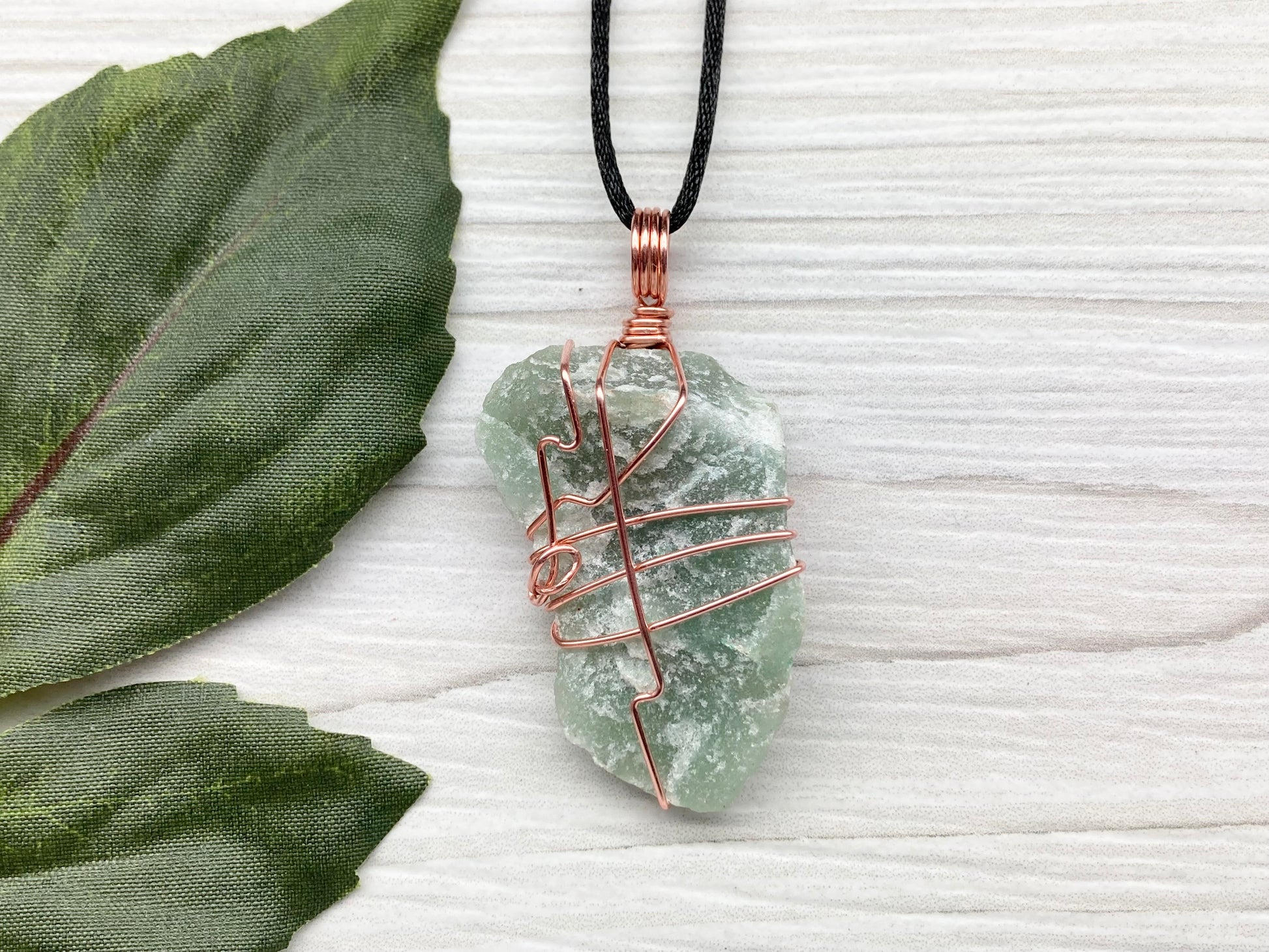 Green Quartz Necklace. Raw Green Crystal Wrapped With Pure Copper Wire. Comes On A Black Chain. Unique Style Handmade Jewelry.