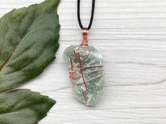 Green Quartz Necklace. Raw Green Crystal Wrapped With Pure Copper Wire. Comes On A Black Chain. Unique Style Handmade Jewelry.