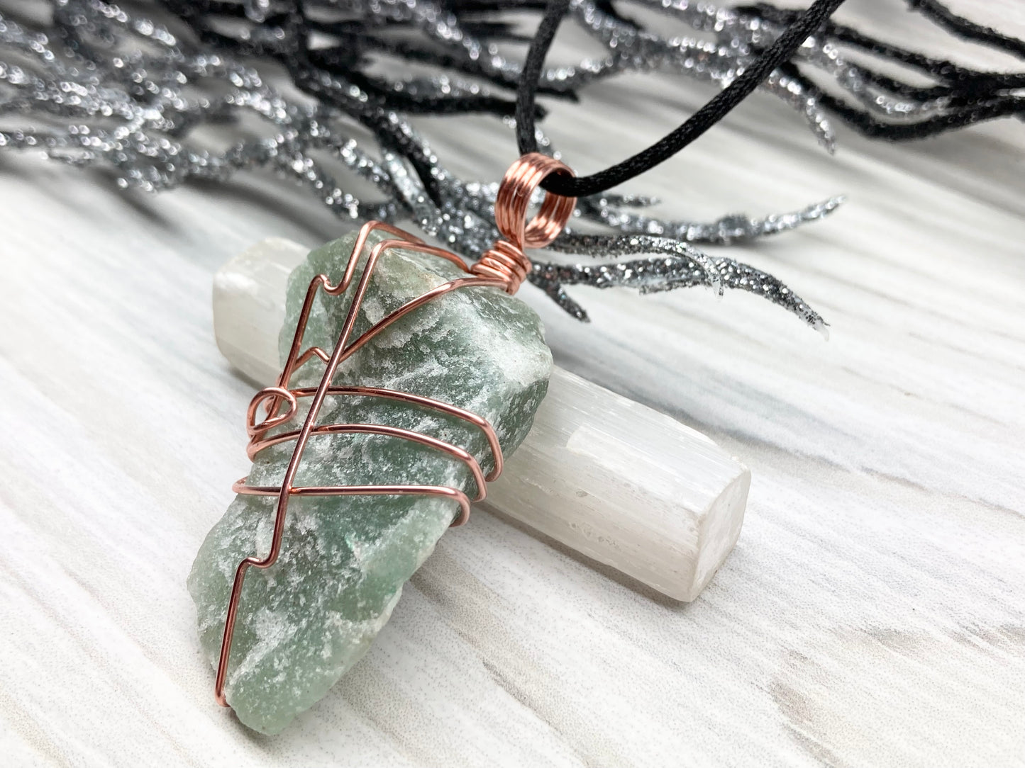 Green Quartz Necklace. Raw Green Crystal Wrapped With Pure Copper Wire. Comes On A Black Chain. Unique Style Handmade Jewelry.