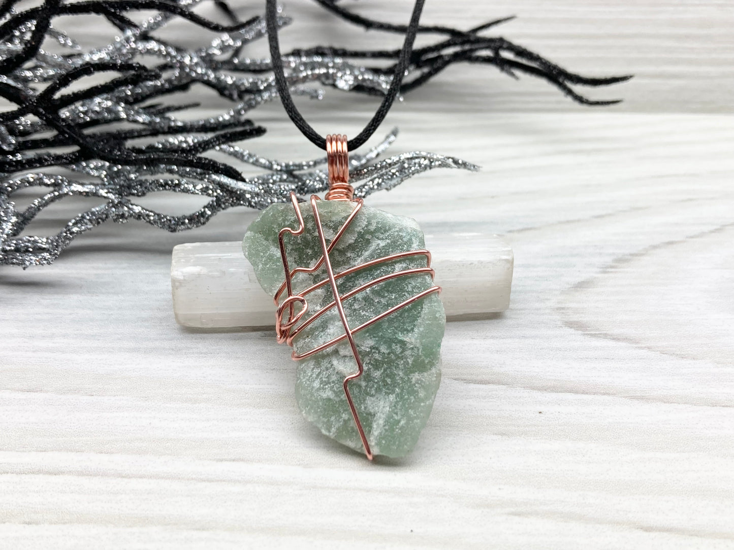 Green Quartz Necklace. Raw Green Crystal Wrapped With Pure Copper Wire. Comes On A Black Chain. Unique Style Handmade Jewelry.