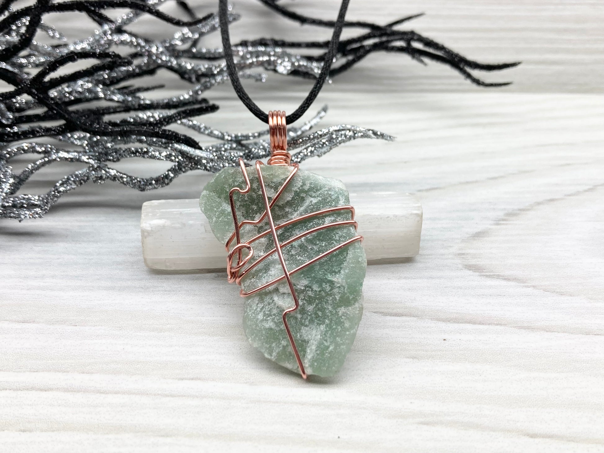 Green Quartz Necklace. Raw Green Crystal Wrapped With Pure Copper Wire. Comes On A Black Chain. Unique Style Handmade Jewelry.
