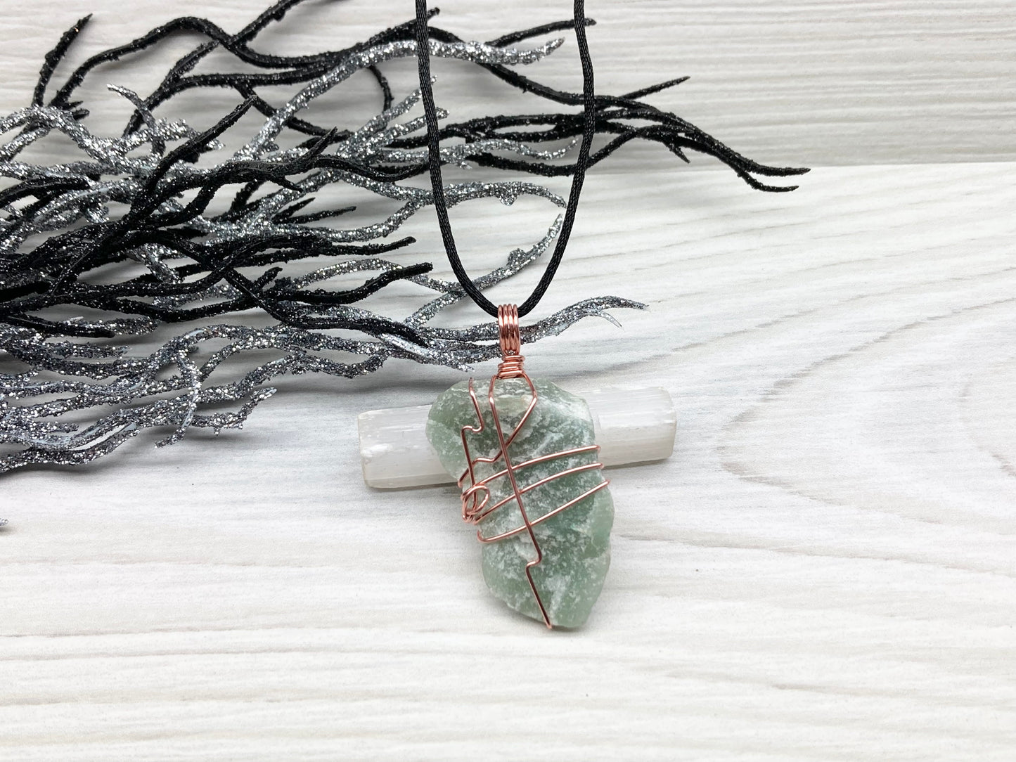 Green Quartz Necklace. Raw Green Crystal Wrapped With Pure Copper Wire. Comes On A Black Chain. Unique Style Handmade Jewelry.