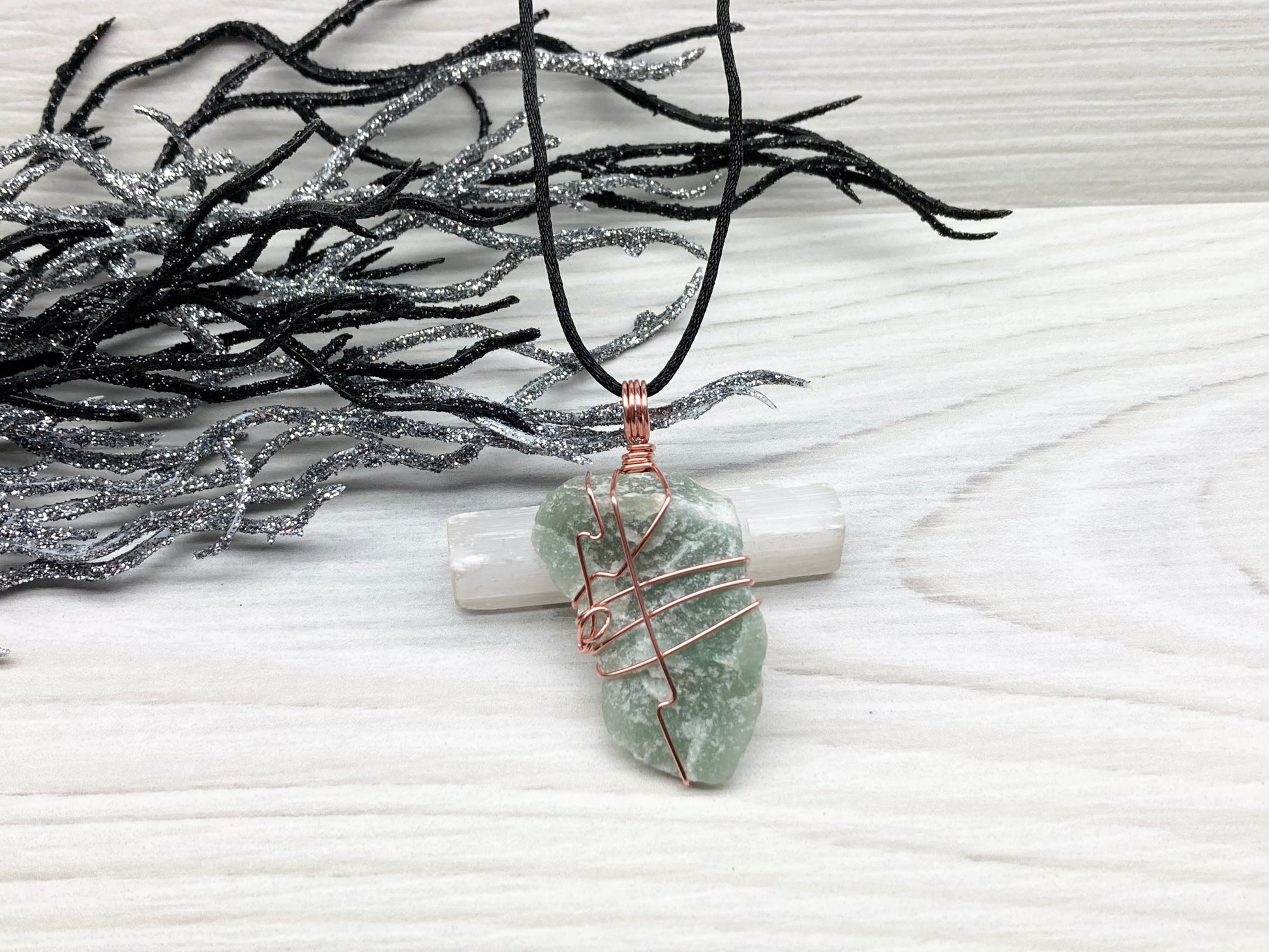 Green Quartz Necklace. Raw Green Crystal Wrapped With Pure Copper Wire. Comes On A Black Chain. Unique Style Handmade Jewelry.
