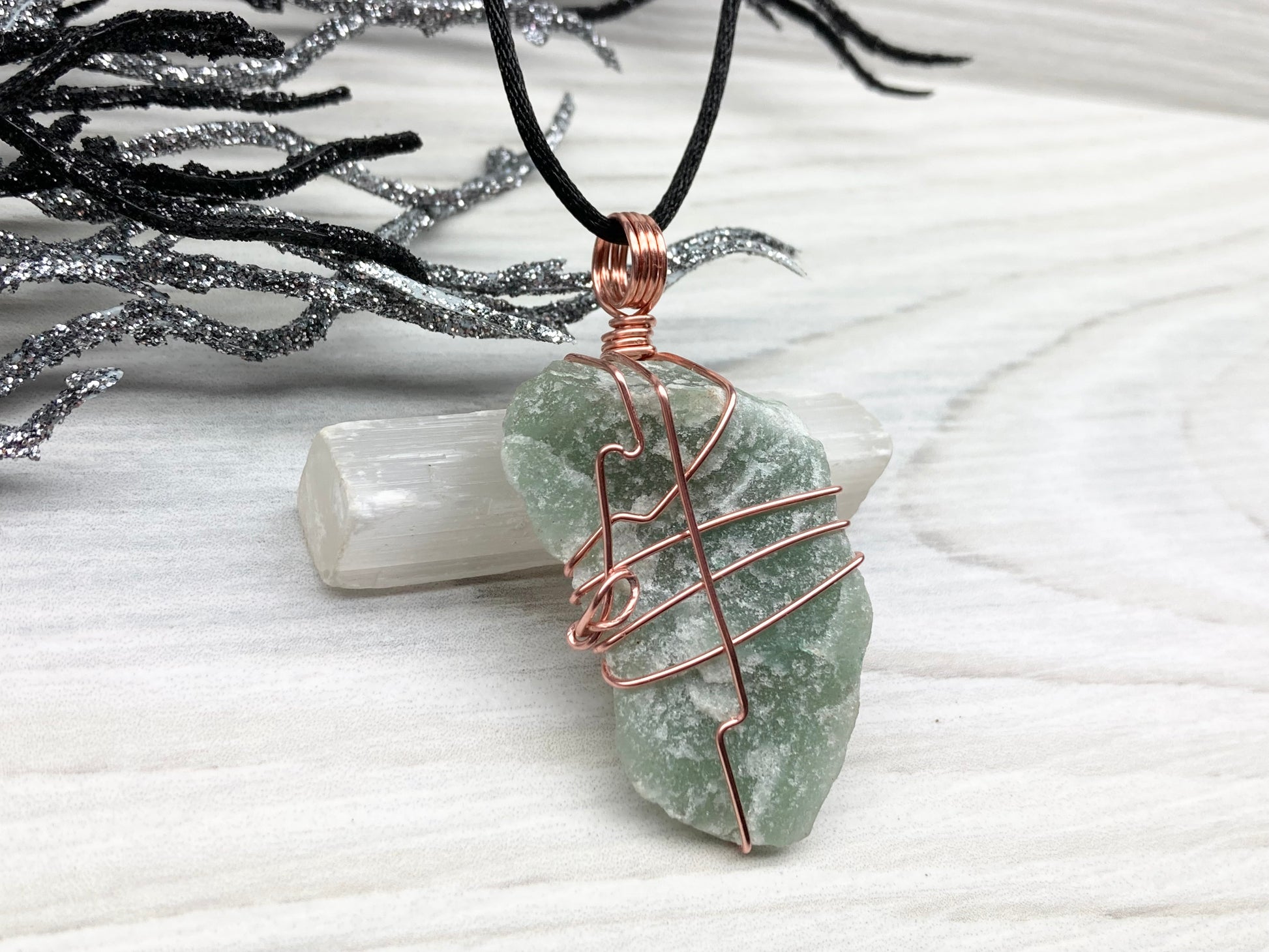 Green Quartz Necklace. Raw Green Crystal Wrapped With Pure Copper Wire. Comes On A Black Chain. Unique Style Handmade Jewelry.