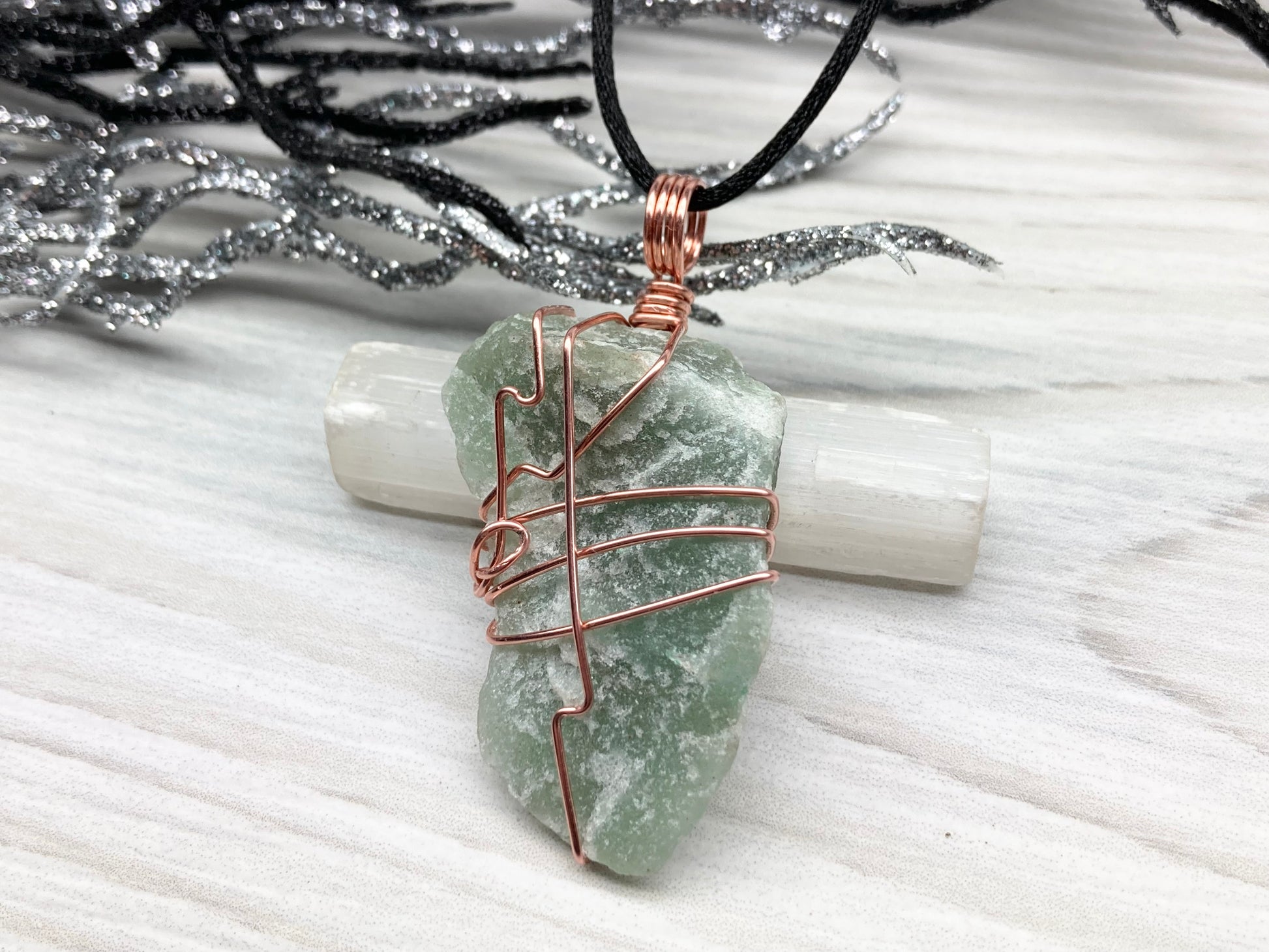 Green Quartz Necklace. Raw Green Crystal Wrapped With Pure Copper Wire. Comes On A Black Chain. Unique Style Handmade Jewelry.