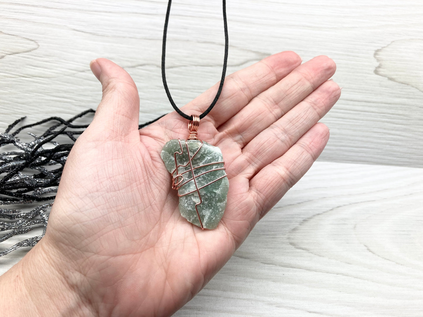 Green Quartz Necklace. Raw Green Crystal Wrapped With Pure Copper Wire. Comes On A Black Chain. Unique Style Handmade Jewelry.