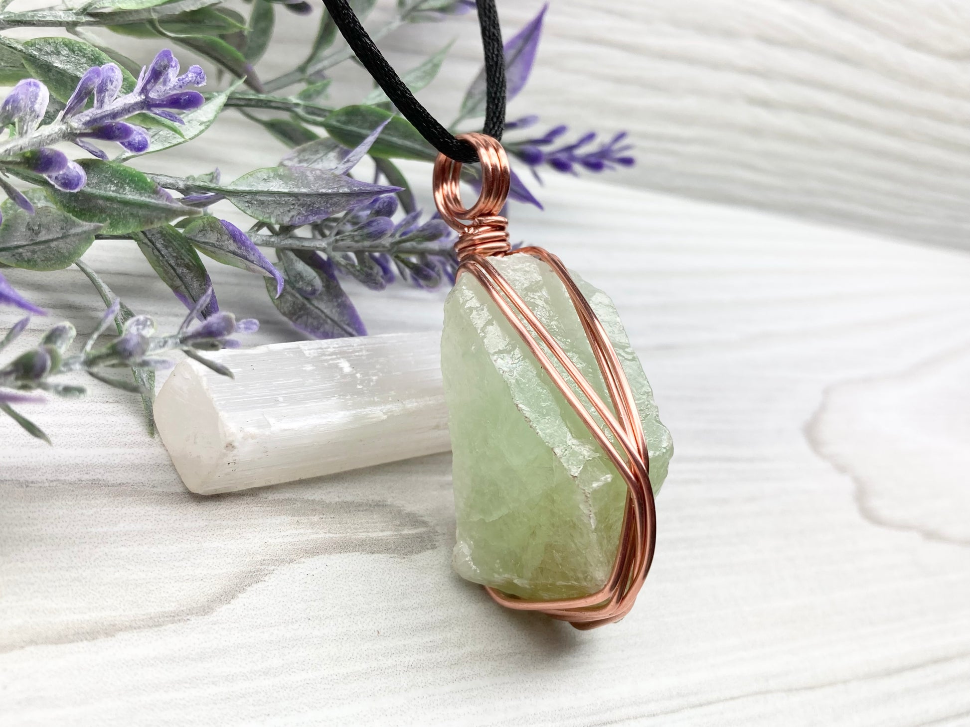 Green Calcite Necklace. Copper Wire Wrapped Stone Pendant. Raw Light Green Crystal. Comes On A Black Chain. Hand Crafted Gemstone Jewelry For Him Or Her.