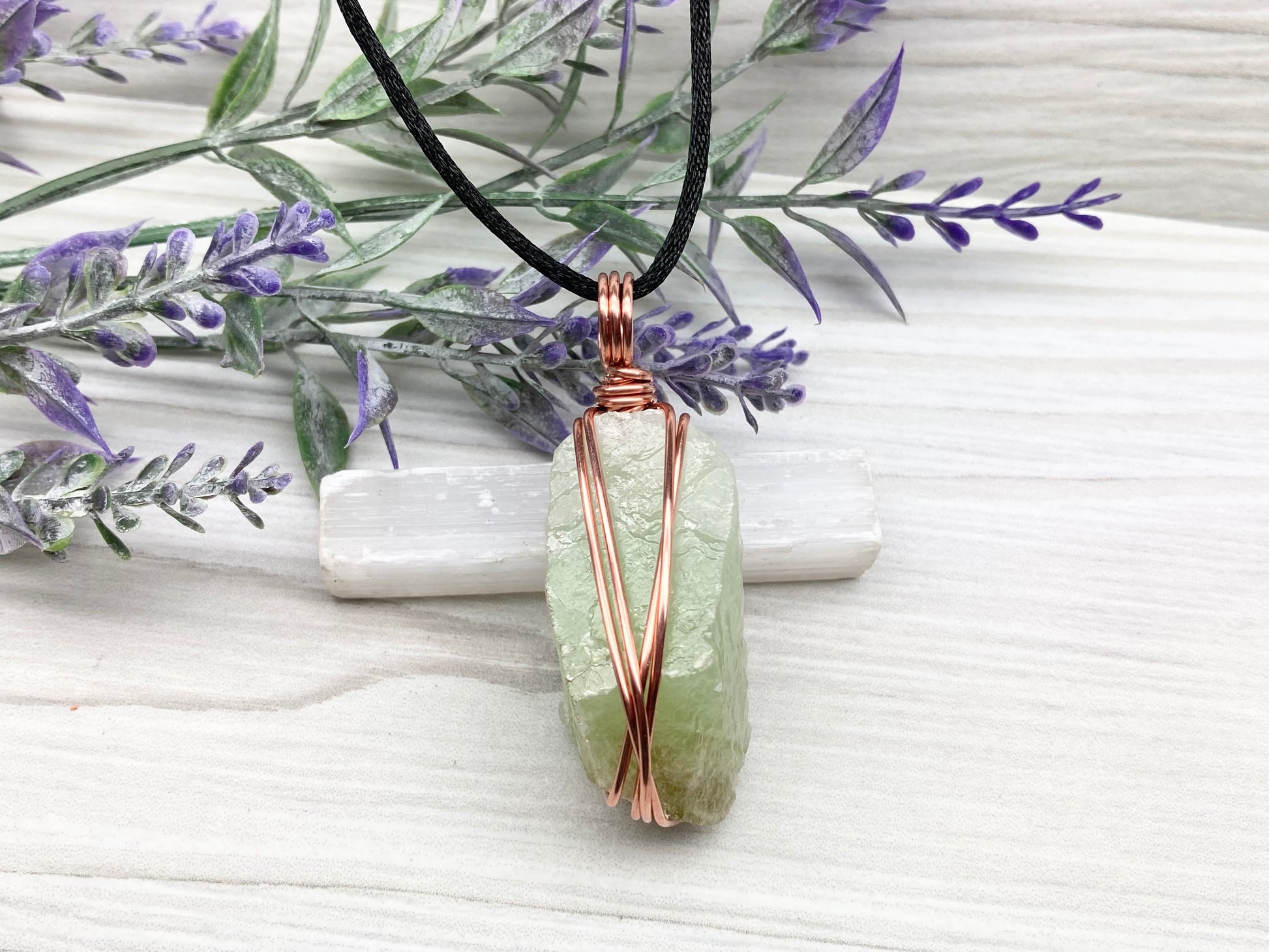 Green Calcite Necklace. Copper Wire Wrapped Stone Pendant. Raw Light Green Crystal. Comes On A Black Chain. Hand Crafted Gemstone Jewelry For Him Or Her.