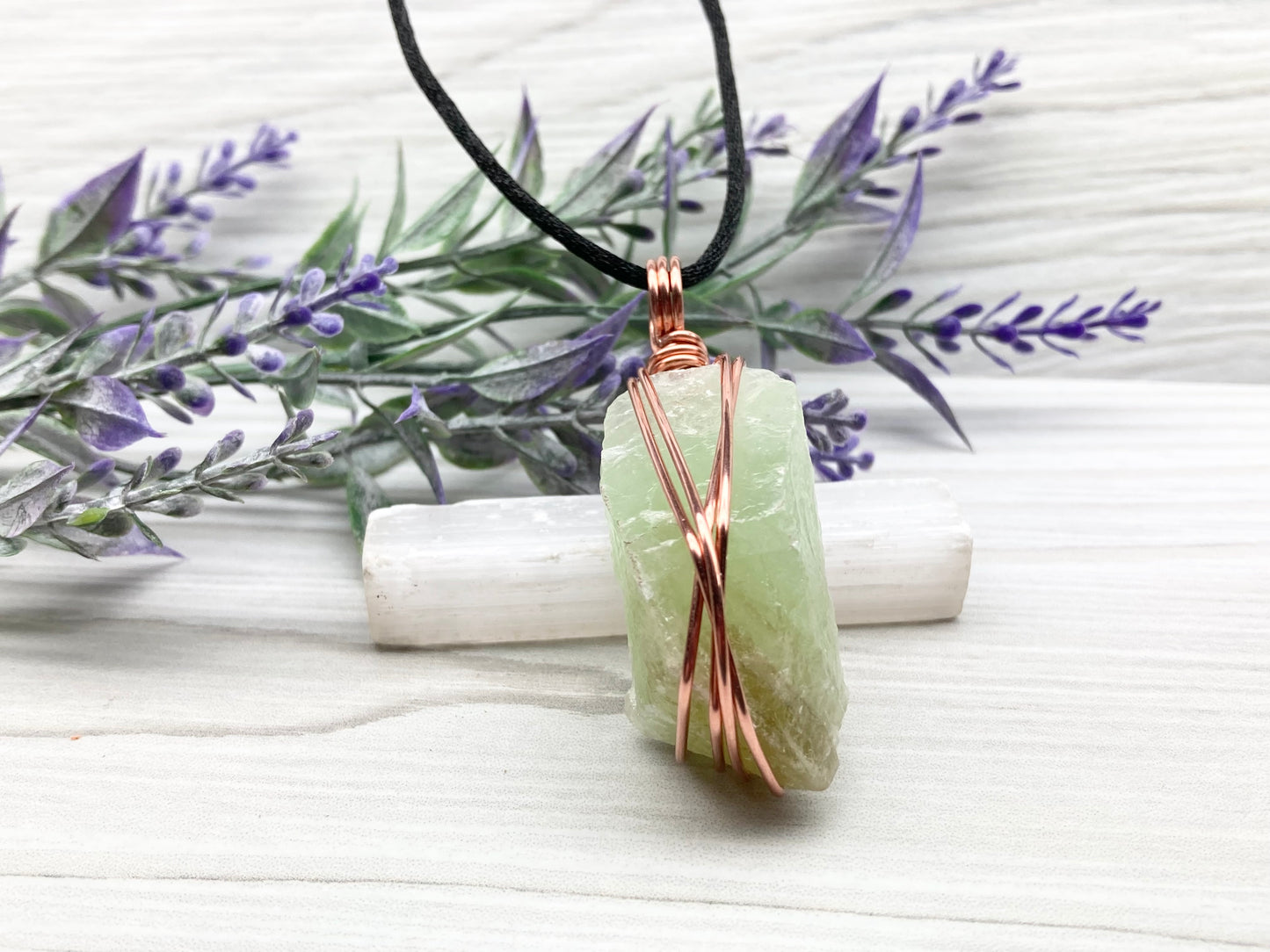 Green Calcite Necklace. Copper Wire Wrapped Stone Pendant. Raw Light Green Crystal. Comes On A Black Chain. Hand Crafted Gemstone Jewelry For Him Or Her.