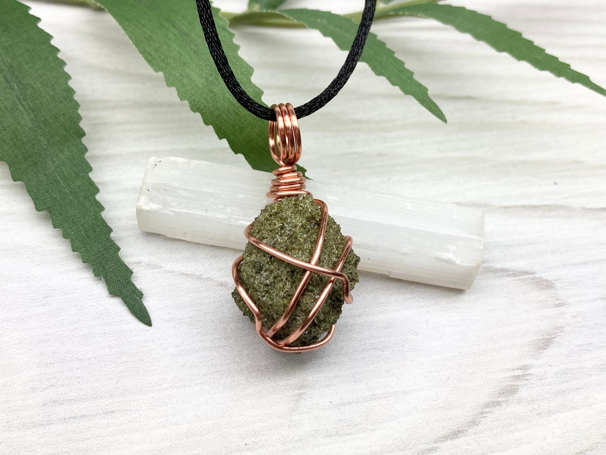 Natural Epidote Necklace. Raw Epidote Crystal Wrapped With Tarnish Resistant Pure Copper. Green Stone Pendant. Comes On A Black Chain. New Age Jewelry.