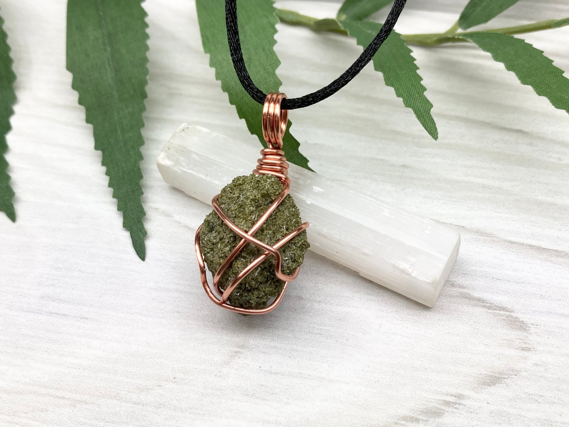 Natural Epidote Necklace. Raw Epidote Crystal Wrapped With Tarnish Resistant Pure Copper. Green Stone Pendant. Comes On A Black Chain. New Age Jewelry.
