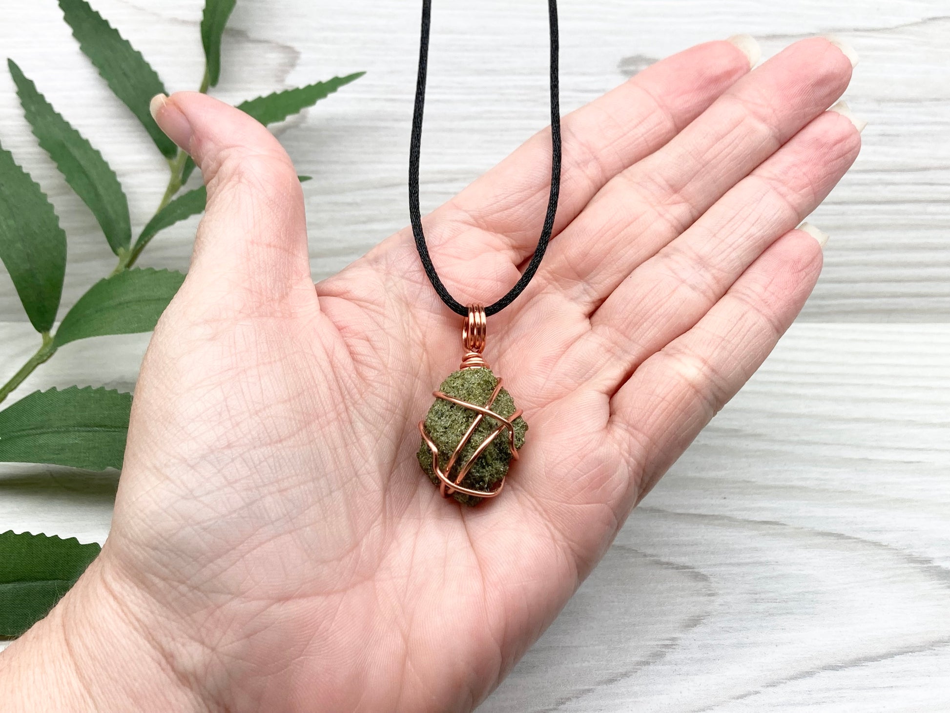 Natural Epidote Necklace. Raw Epidote Crystal Wrapped With Tarnish Resistant Pure Copper. Green Stone Pendant. Comes On A Black Chain. New Age Jewelry.