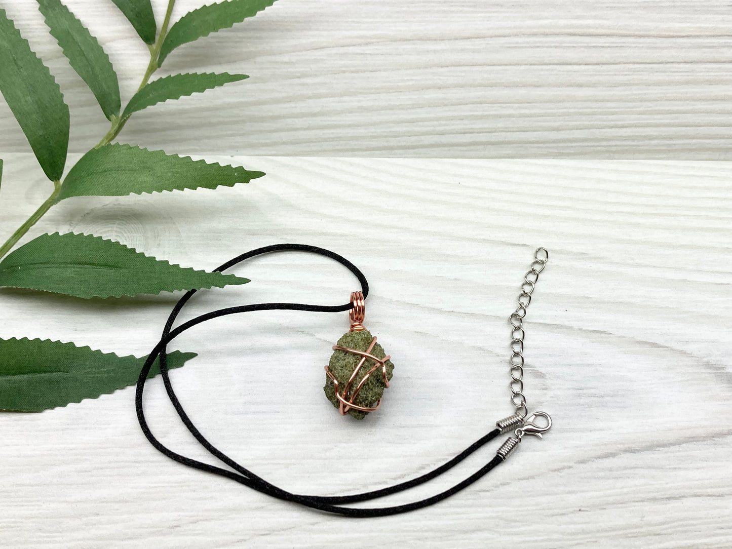 Natural Epidote Necklace. Raw Epidote Crystal Wrapped With Tarnish Resistant Pure Copper. Green Stone Pendant. Comes On A Black Chain. New Age Jewelry.