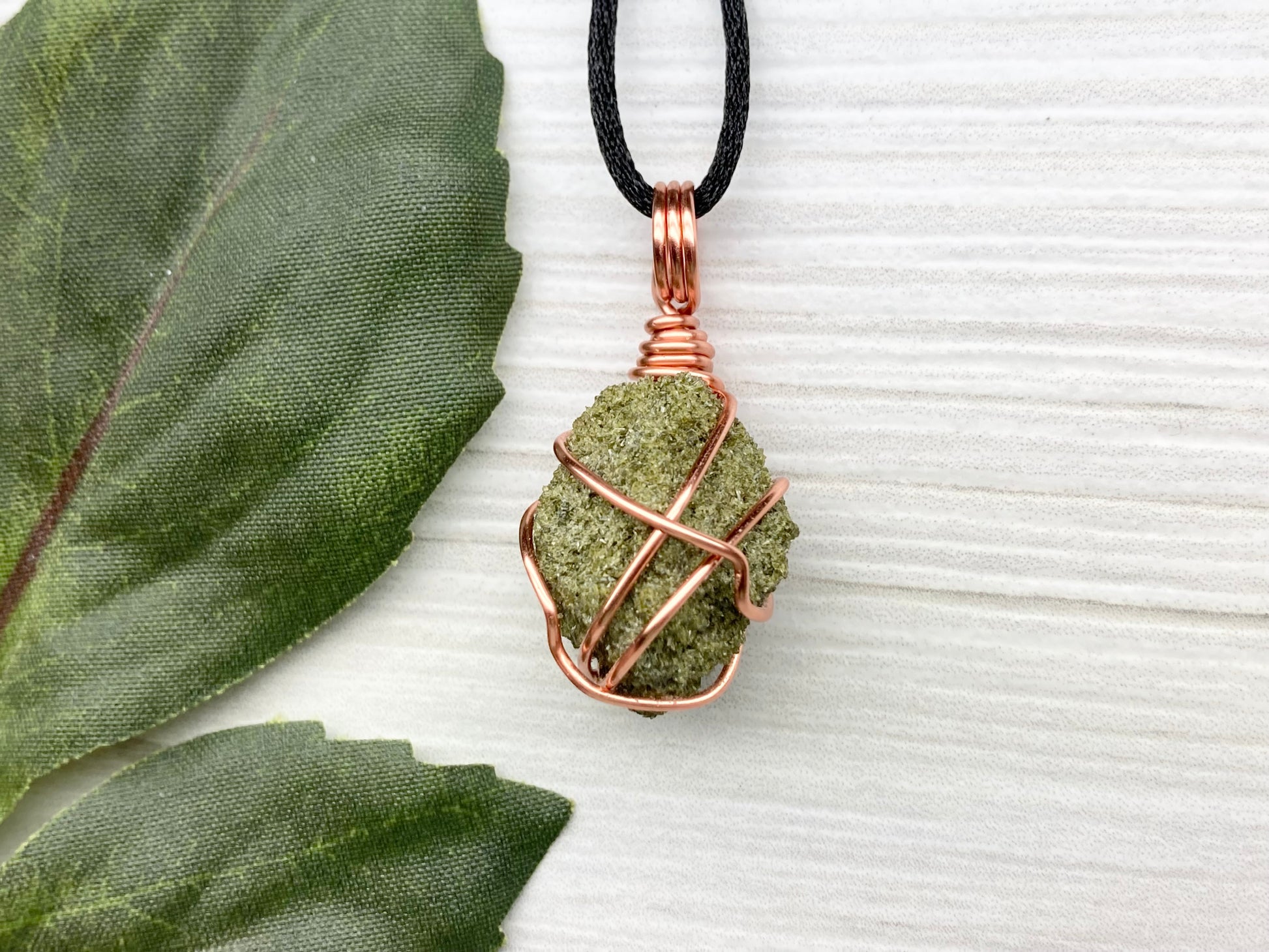 Natural Epidote Necklace. Raw Epidote Crystal Wrapped With Tarnish Resistant Pure Copper. Green Stone Pendant. Comes On A Black Chain. New Age Jewelry.