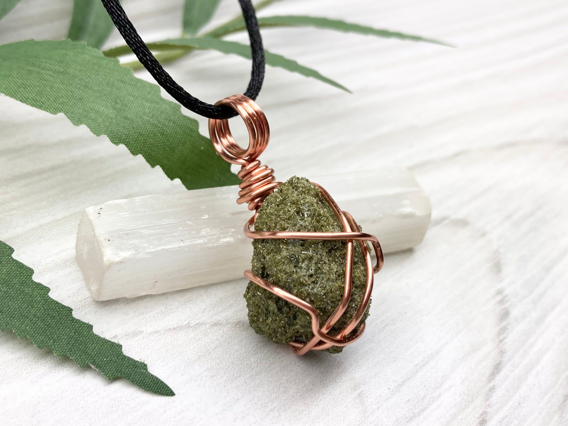 Natural Epidote Necklace. Raw Epidote Crystal Wrapped With Tarnish Resistant Pure Copper. Green Stone Pendant. Comes On A Black Chain. New Age Jewelry.