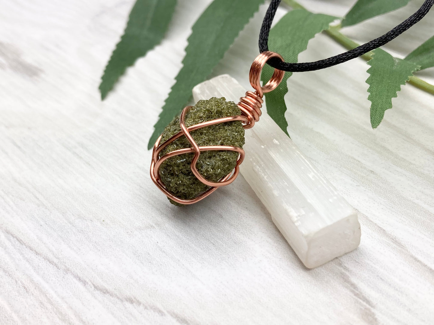 Natural Epidote Necklace. Raw Epidote Crystal Wrapped With Tarnish Resistant Pure Copper. Green Stone Pendant. Comes On A Black Chain. New Age Jewelry.