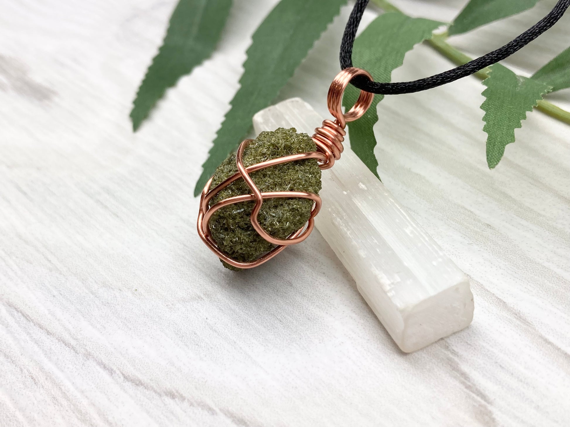 Natural Epidote Necklace. Raw Epidote Crystal Wrapped With Tarnish Resistant Pure Copper. Green Stone Pendant. Comes On A Black Chain. New Age Jewelry.