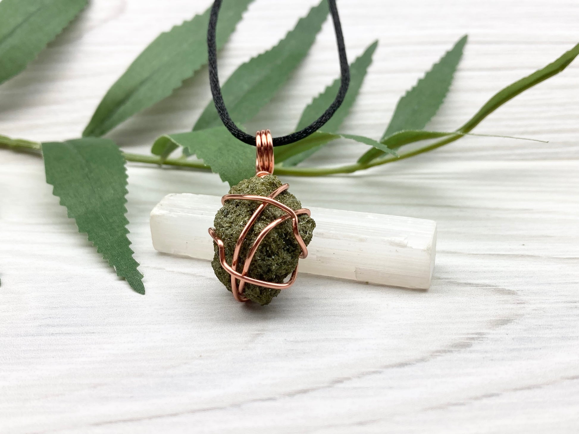 Natural Epidote Necklace. Raw Epidote Crystal Wrapped With Tarnish Resistant Pure Copper. Green Stone Pendant. Comes On A Black Chain. New Age Jewelry.