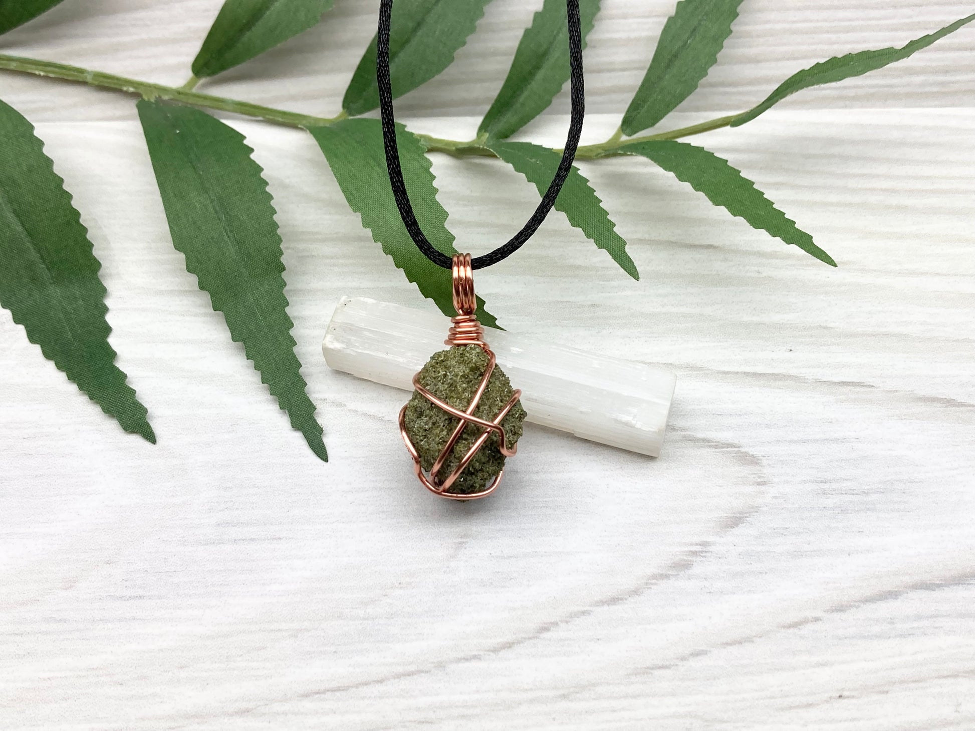 Natural Epidote Necklace. Raw Epidote Crystal Wrapped With Tarnish Resistant Pure Copper. Green Stone Pendant. Comes On A Black Chain. New Age Jewelry.