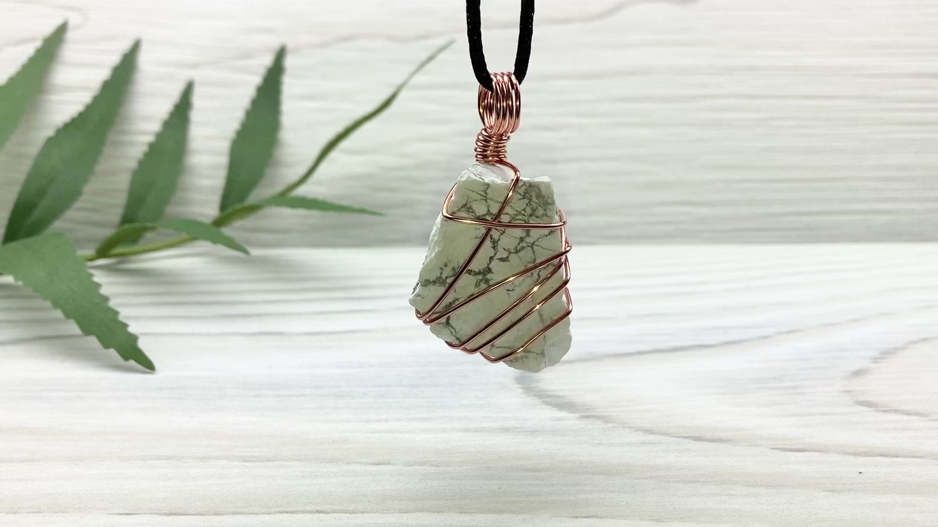 Raw Natural Howlite Necklace. White Crystal With Gray Marble Wrapped With Pure Copper Wire. Comes On A Black Chain. Metaphysical Boho Style Jewelry. Gemini Stone Pendant.